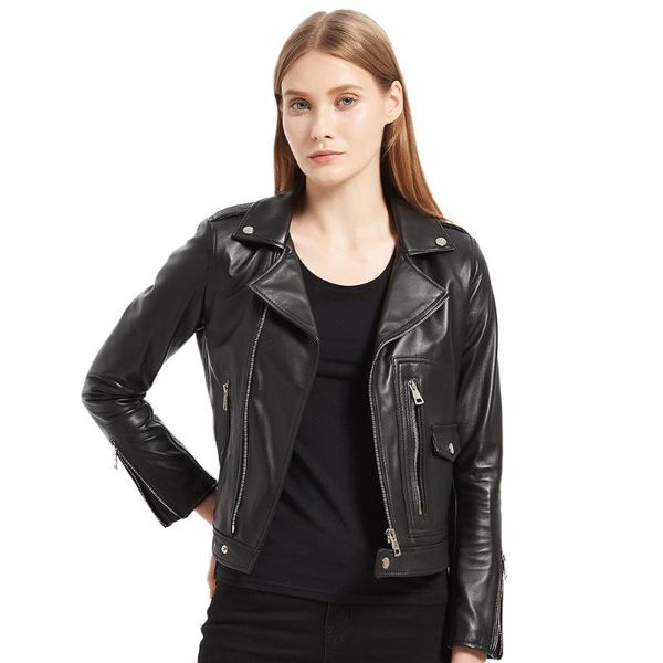 

women's leather & faux jacket soft 100% natural sheepskin jackets female real skin overcoat ladies clothing asian size m117, Black