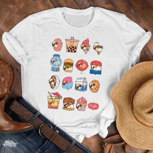 

women lady dog ice cream funny casual 90s style cartoon shirt clothes tshirt tee womens female print t graphic t-shirt, White