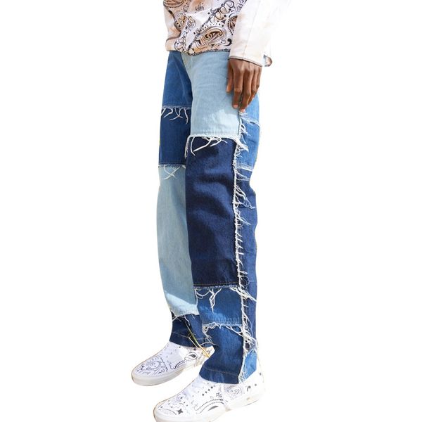 

2021 men color block right trendy weakened patchwork relax fit denim loose tall waist waide been broek jeans, Blue