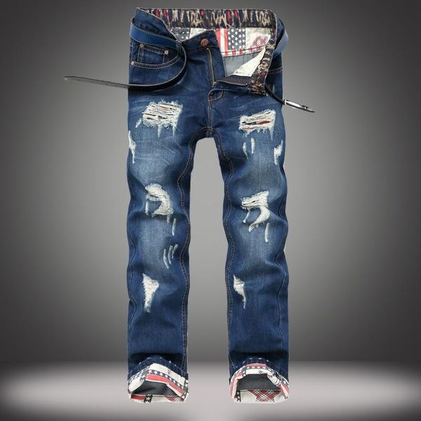 

Straight Jeans Men Blue Printing Embroidery Jean Homme Ripped Spijkerbroeken Heren Biker Stretch Pants Slim Fit Men'S Fashion
