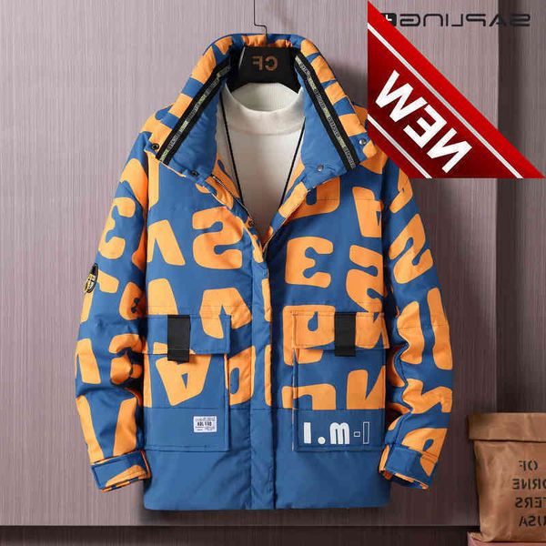 

2021 new men down coat stand-up collar jacket male handsome white duck parkas winter thickened warmth graffiti clothing, Black