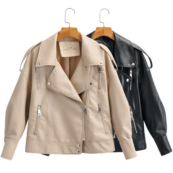 

women's leather & faux autumn women pu soft jacket casual female turn down collar moto biker zipper loose black coat with belt beige
