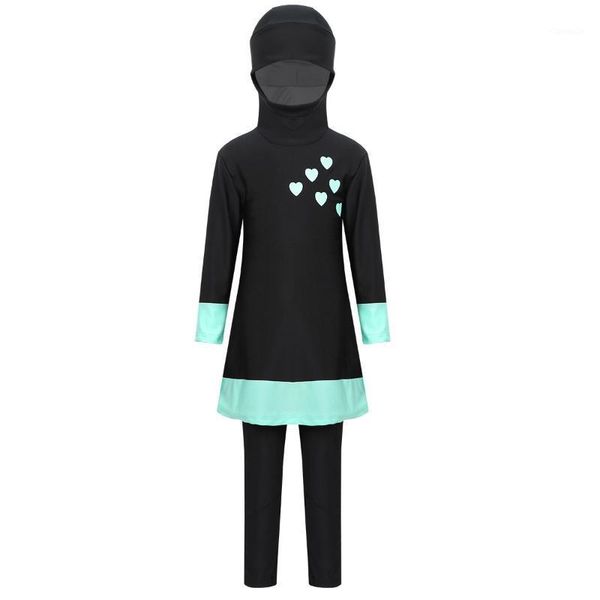 

one-pieces summer kids girls swimwear beachwear long sleeves sweetheart print full cover conservative hijab burkini swimsuit with pants set, Black