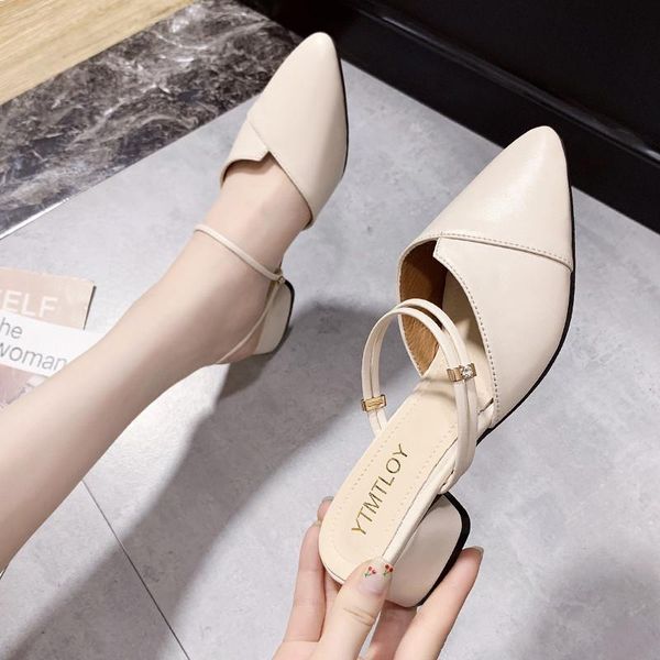 

dress shoes pu leather high heels pumps women 2021 summer fashion pointed square heel sandals slip-on casual, Black
