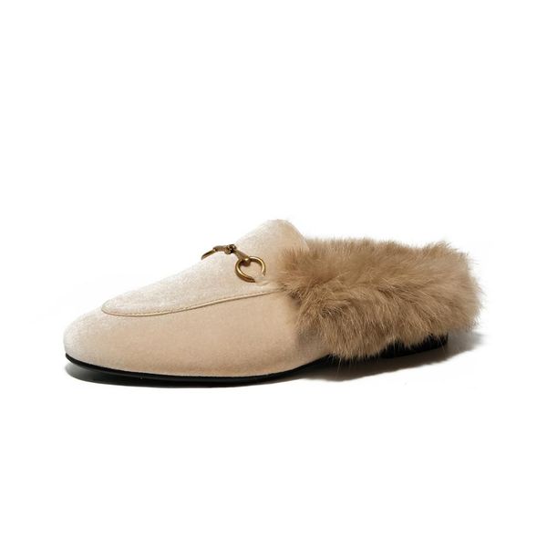 

kmeioo women real leather velvet rabbit fur backless slipper mule slide princetown shoes metal buckle pumps fanshion shoes, Black