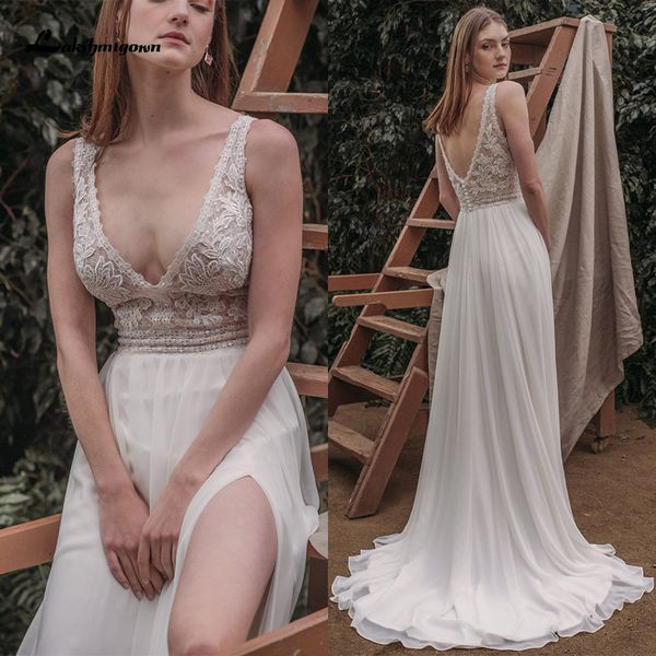 

2021 new side slit chiffon v neck backless boho wedding gowns vestido de novia elegant bride dres abito da sposa 9278, White