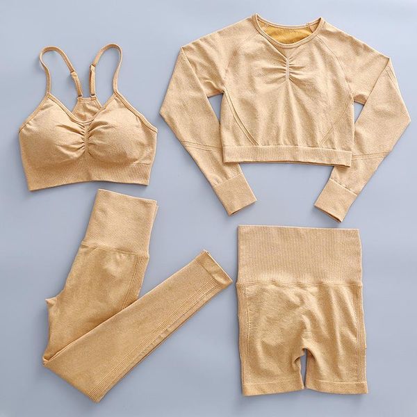 

yoga outfit sports clothes with long sleeves seamlessly stretched out women set training bra crop gym fitness shorts