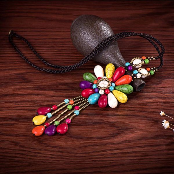 

chokers bohemian turquoise hand-woven short necklace chain women pendant waterproof wax wire copper female bell fashion, Golden;silver