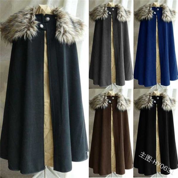 

medieval renaissance men pirate coat cloak viking fur collar cape retro costume plus size woolen blended trench windbreakers 211122, Black