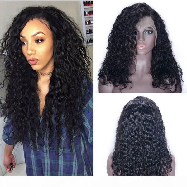 

glueless lace front wig for black women mongolian human hair water wave lace wigs natural color with bleached knots, Black;brown