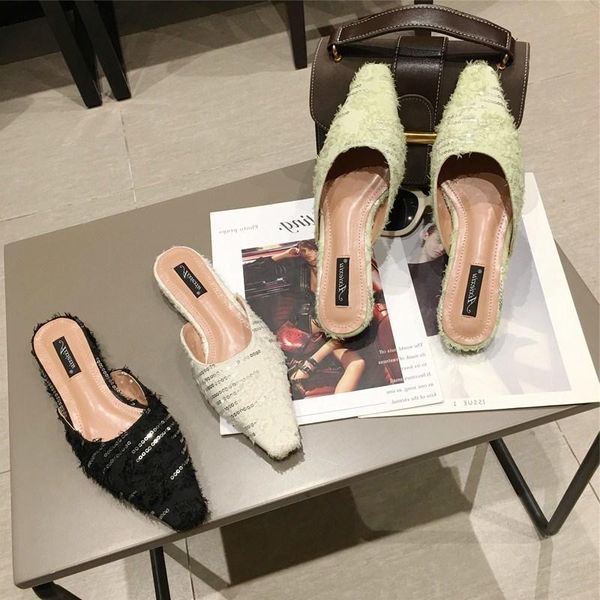 

slippers 2021 summer women mules shoes ins fashion home shallow outside pointed toe flats bling woman black slip on slides