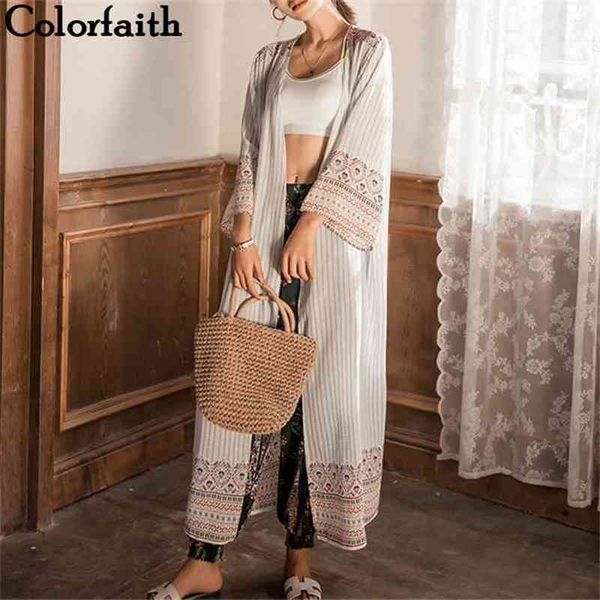 

colorfaith kimono cardigans fashion chiffon summer tribal retro printed long blouses ladies shirts women clothing ca8091 210714, White