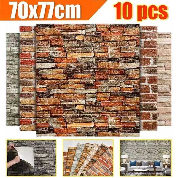 10 pcs 3d tijolo adesivo retro tijolo pedra padrão auto-adesivo anti-colisão papel de parede painel de espuma 70x77cm decoração de casa 211124