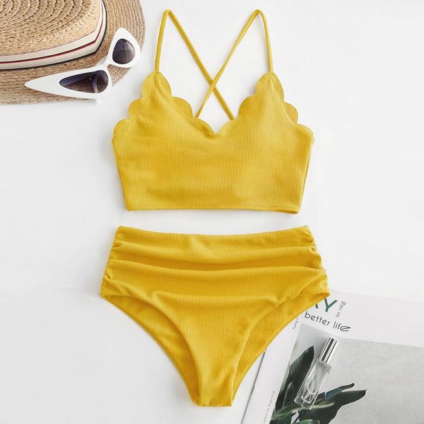 

women's swimwear 2021 summer brazilian bikini women crisscross back solid high waist rib set two piece swimsuit beach sunbathing, White;black