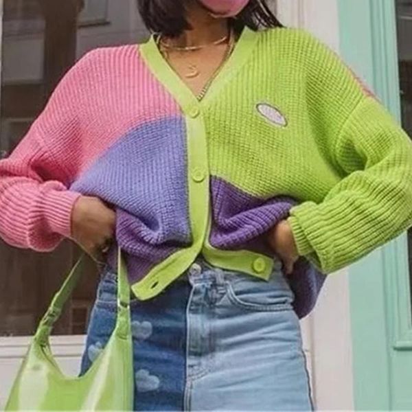 

women's knits & tees patchwork knitted cardigan mujer vintage autumn winter single breasted sweater jacket coat women v neck loose outw, White