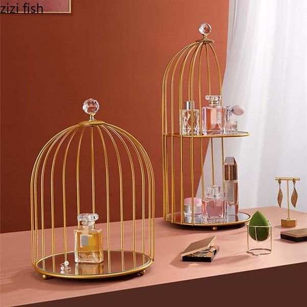 

hooks & rails iron art glass mirror birdcagestorage shelf cosmetic finishing box desksingle double layer gold/pink metal storage rack