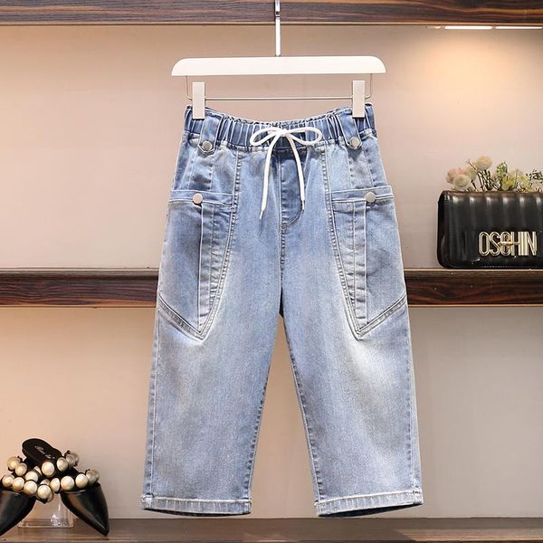 

women's jeans women pants loose plus size 4xl summer 2021 female casual vintage pockets elastic waist denim blue calf length trousers
