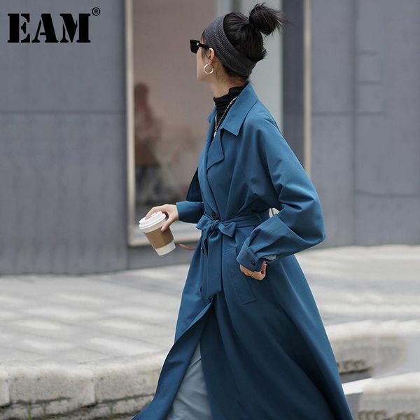 

women's trench coats [eam] women blue brief big size long lapel sleeve loose fit windbreaker fashion tide spring autumn 2021 1dd0503, Tan;black