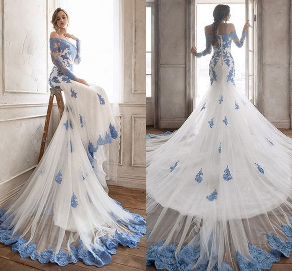 Incredibile abito da sposa a tromba in pizzo azzurro con maniche lunghe con spalle scoperte Cappella strascico Abito da sposa con lacci Abiti da donna Abiti economici