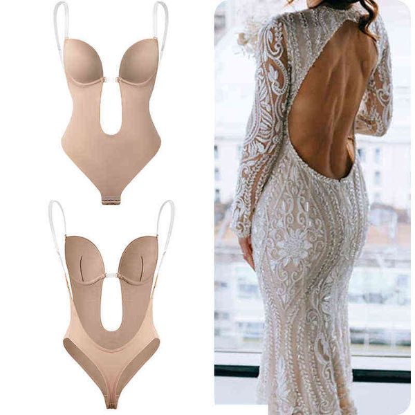 Bodysuit Shapewear Tiefer V-Ausschnitt Body Shaper Rückenfrei U Plunge Thong Shapers Taillentrainer Frauen Klarer Riemen Gepolstertes Push-Up-Korsett 211112