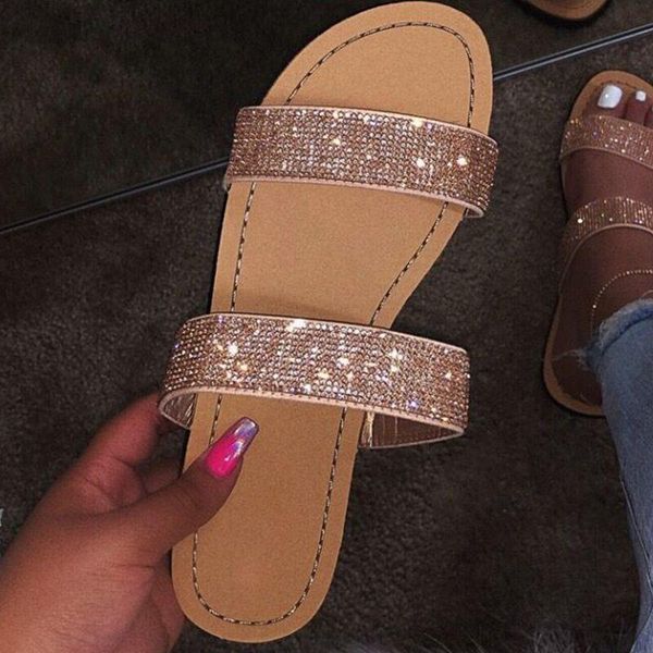 

women sandals fashion sandalias mujer 2021 luxury shoes women designers summer casual shoes woman flats rhinestone sandals, Black