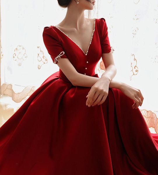 

party dresses light luxury wine red evening deep v-neck slim backless retro bandage a line formal prom dress for engagement, White;black