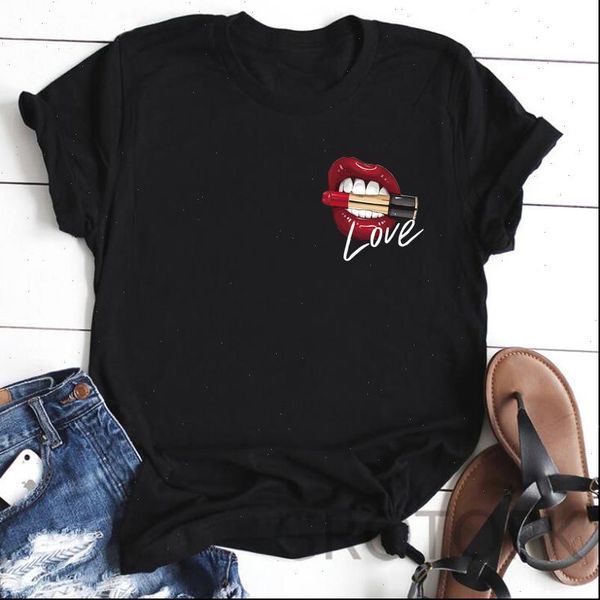 

cute printed black red lips and lipsticks fashion women love tshirt female tee shirt ladies clothes, White
