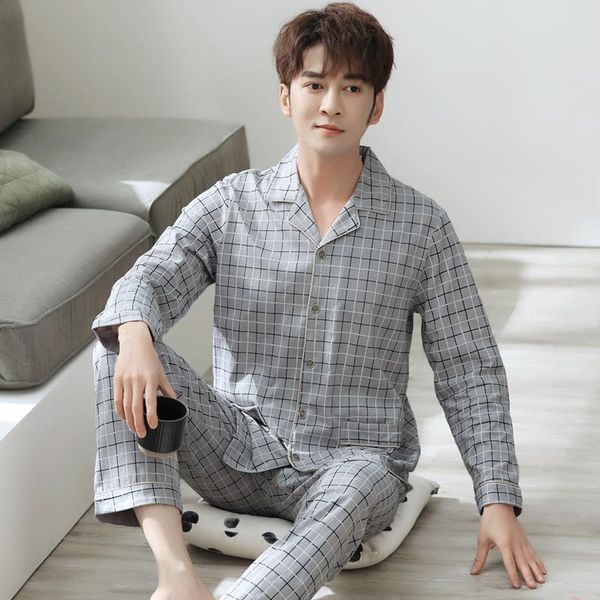 

spring knitted cotton men pajamas set striped long sleeve turn-down cardigan loose soft plus size -3xl male homewear 2 colours, Black;brown