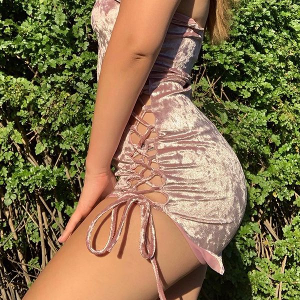 

women solid suede slim dress fashion bodycon side split drawstring mini dress summer sleeveless casual club dress, Black;gray