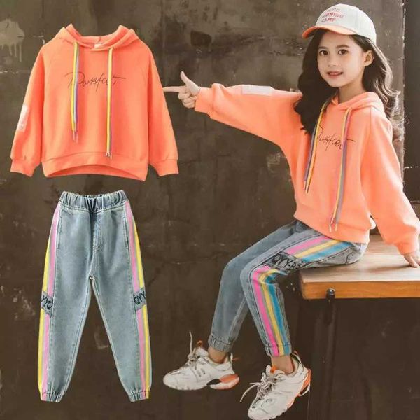 

new autumn spring girls clothing suits pullover kids colored cotton sweatshirt tracksuit sport suits outwear jean pants p0831, White