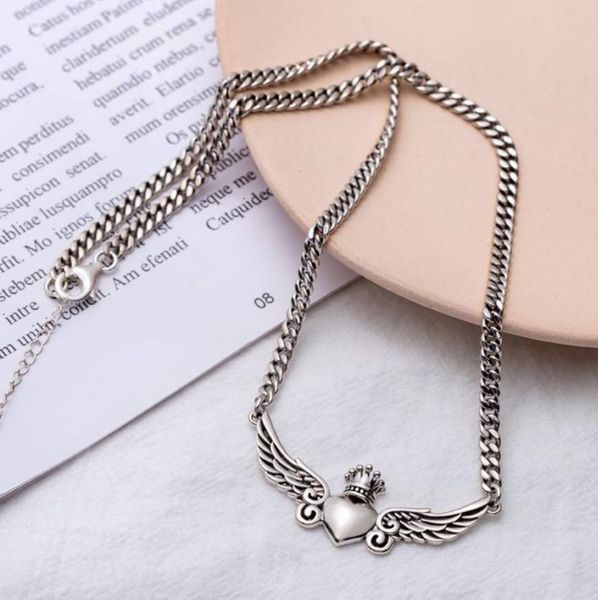 Винтажное тайское серебряное ожерелье женское клавишескую цепочку мода мода дикая свобода ангела крылья простые корона крылья кулон ожерелье Q0531