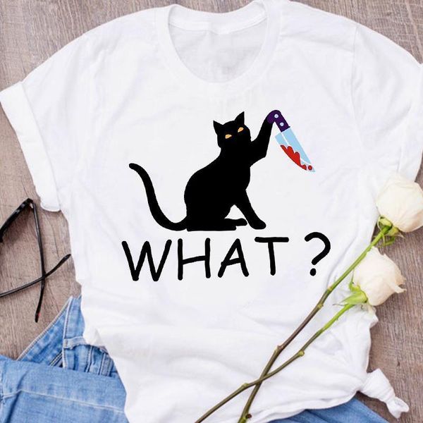 

women graphic cat funny harajuku print 90s cartoon autumn fall halloween clothes lady tees female t shirt womens t-shirt, White