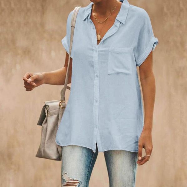 

women's t-shirt vintage t-shirts women summer plus size solid buttons stand collar short sleeves casual chiffon clothes for, White