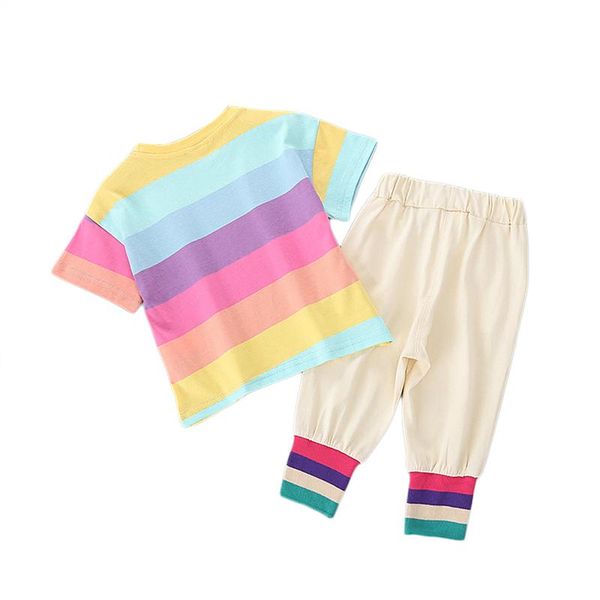 

little girl rainbow stripe set short sleeve o-neck and long pants with drawstring 2-piece suits 18months-6months, White