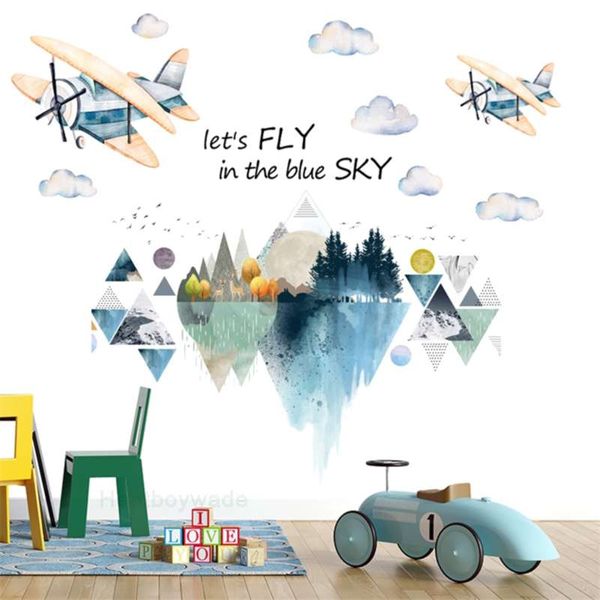Avião dos desenhos animados casa decorativa adesivos de parede para crianças berçário Nordic Mountain Vinyl adesivo Kindergarten decor wallpapers 210929