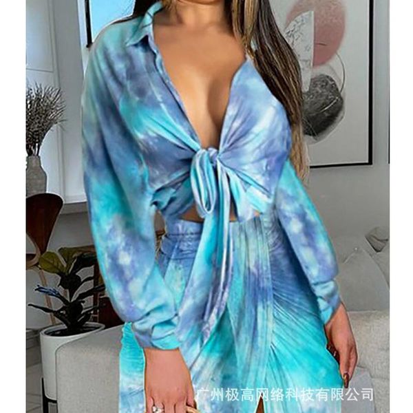 

casual dresses wepbel summer party dress high waist bodycon women long sleeve blue tie-dye split shirt v-neck lace up, Black;gray