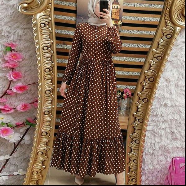 

women abaya vintage muslim dress dot print casual full sleeve new fashion summer o neck ruffles arabic dresses, Black;gray
