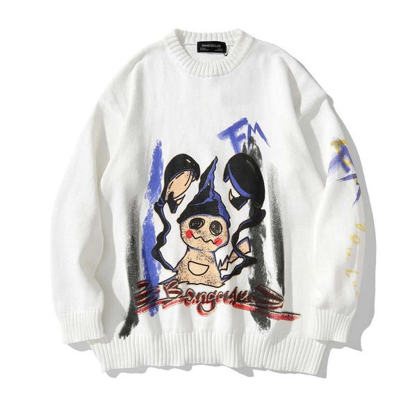 

fashion sweater cartoon printed t-shirt men's harajuku brand round neck street trend loose pullover, White;black