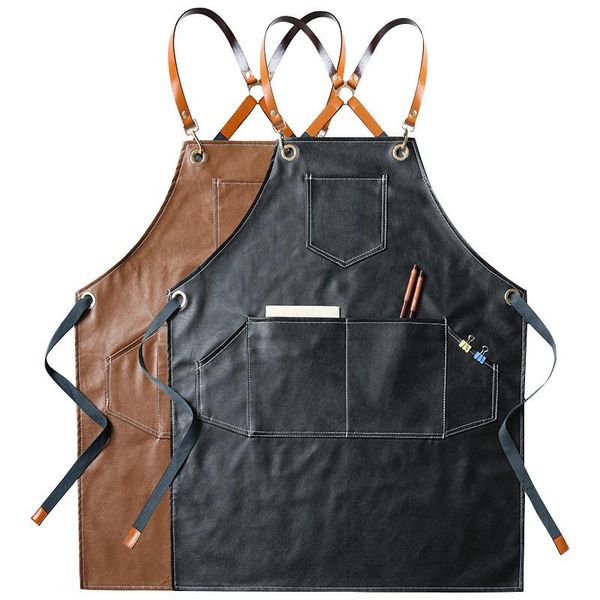 

aprons pu leather waterproof master apron for kitchen accessories cafe shop house cleaning chef cooking baking pocket pinafore