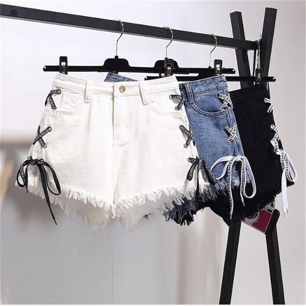 

gaoke summer women denim shorts new black high waist ripped short jeans femmen side lace up bandage shorts new 210306, White;black