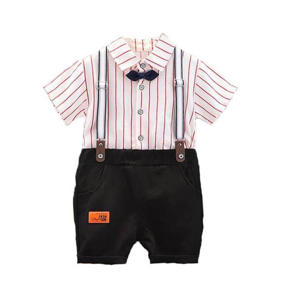 

boys clothing sets baby suits toddler clothes kids wear summer cotton striped bow tie short sleeve shirts suspenders shorts pants 2pcs b7268, White