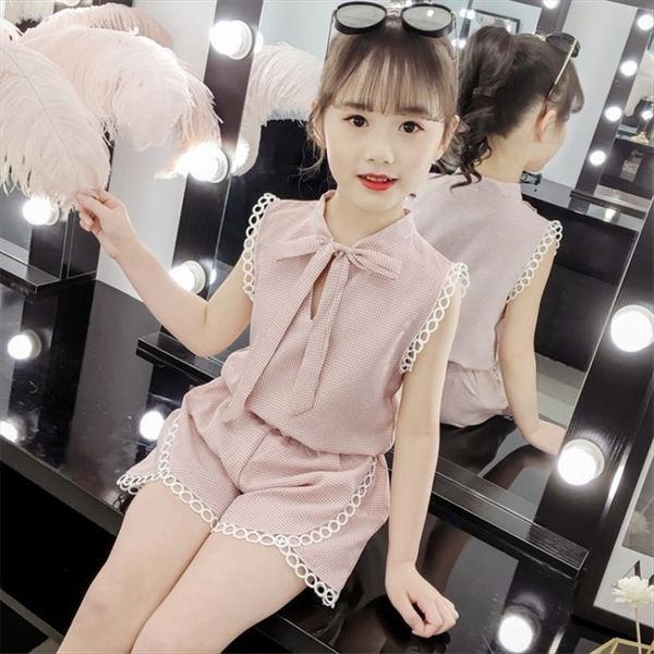 

summer clothes for girls cute plaid lace shirt shorts 2pcs sets teens clothing outfits childrens 5 7 8 9 year, White