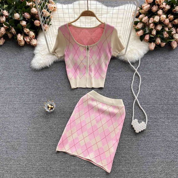

two piece dress summer korean fashion casual plaid knitted 2 set women zipper crop + skirt suits tracksuit 8qhc, White