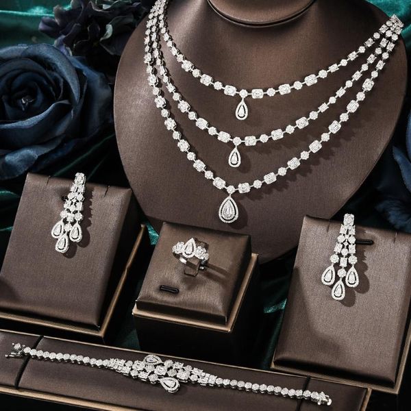 

earrings & necklace luxury gorgeous 3 layers pendant bangle ring set for noble ladies girl super gift jewelry sets women, Silver