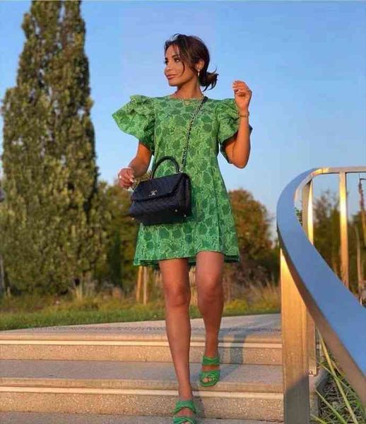 

summer floral puff sleeve ruffle women dress short decorative round neck fashion two color mini, Black;gray