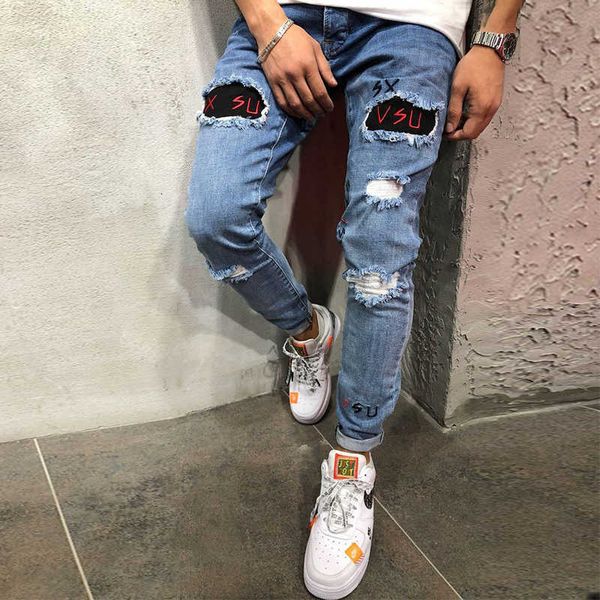 

men's jeans s-3xl stylish modis jean homme ripped biker slim straight frayed denim embroidery ny men pant xcrz 3kqm, Blue
