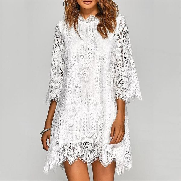 

plus size 3 4 sleeve women dress loose irregular hem plain openwork lace mini, Black;gray