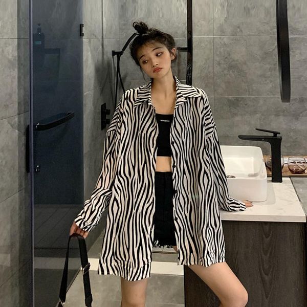 

mazefeng 2021 new plus size shirt harajuku long sleeve blouse stripe zebra print oversized button blouse shirt for woman, White