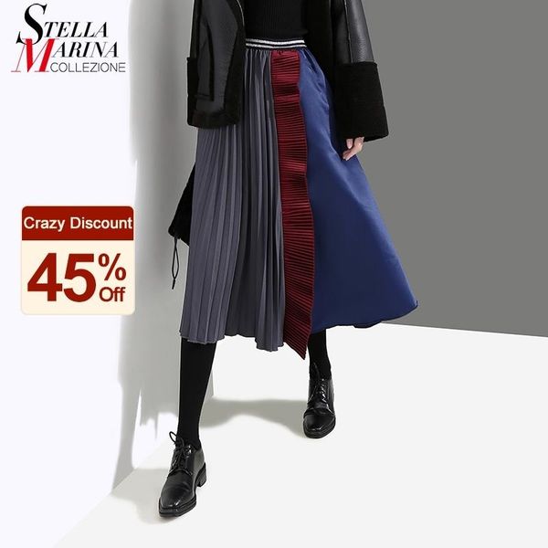 

new korean style woman multicolor patchwork pleated skirt a-line ruffles patchwork high waist girls casual party midi skirt 4144 210309, Black