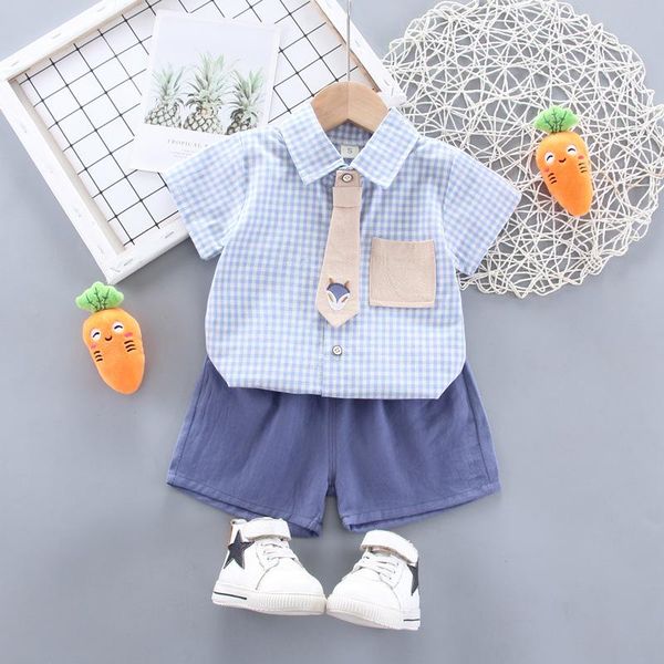 

clothing sets summer children's solid color plaid short-sleeved shirt shorts 2pcs/set 2021 lapel tie toddler boy girl korean casual sui, White